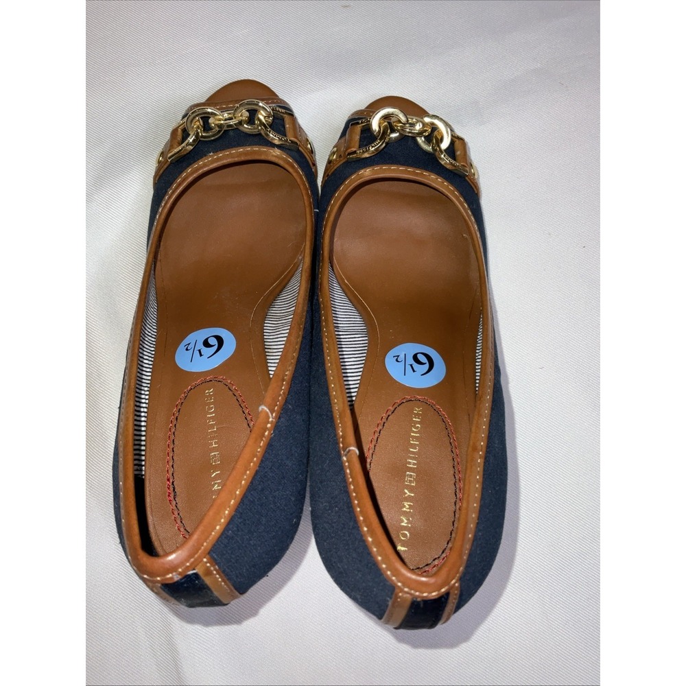 Tommy Hilfiger Tawnisha Peep Toe Horsebit Cork Wedge Heel Sz 6.5 Preppy Nautical - Picture 5 of 8